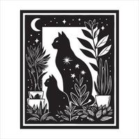Print A collage of a cat a plant in an illustrated frame risograph silhouette white background vector