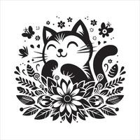 PrintA collage of a cat a plant in an illustrated frame risograph silhouette white background vector