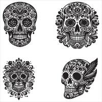 Day Of The Dead Mexican floral Skull silhouette design tattoo Illustration Set In Black And White stock illustrationPrint vector