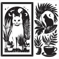 A silhouette black cat in an illustration frame with a floral design on its back silhouette print design vector