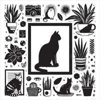 A silhouette black cat in an illustration frame with a floral design on its back silhouette print design vector