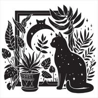 A silhouette black cat in an illustration frame with a floral design on its back silhouette print design vector