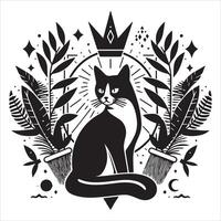A silhouette black cat in an illustration frame with a floral design on its back silhouette print design vector
