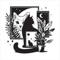 A silhouette black cat in an illustration frame with a floral design on its back silhouette print design vector
