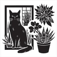 A silhouette black cat in an illustration frame with a floral design on its back silhouette print design vector