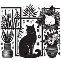 A silhouette black cat in an illustration frame with a floral design on its back silhouette print design vector