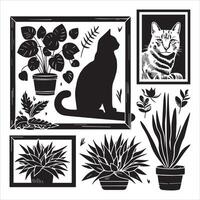 A silhouette black cat in an illustration frame with a floral design on its back silhouette print design vector