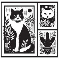 A silhouette black cat in an illustration frame with a floral design on its back silhouette print design vector