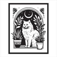 A silhouette black cat in an illustration frame with a floral design on its back silhouette print design vector