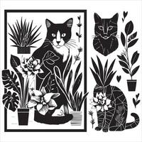 A silhouette black cat in an illustration frame with a floral design on its back silhouette print design vector