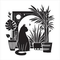 A silhouette black cat in an illustration frame with a floral design on its back silhouette print design vector