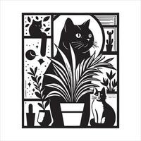 A silhouette black cat in an illustration frame with a floral design on its back silhouette print design vector