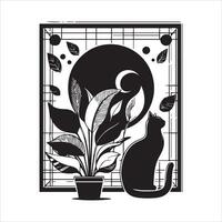 A silhouette black cat in an illustration frame with a floral design on its back silhouette print design vector