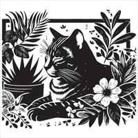 A silhouette black cat in an illustration frame with a floral design on its back silhouette print design vector