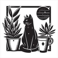 A silhouette black cat in an illustration frame with a floral design on its back silhouette print design vector