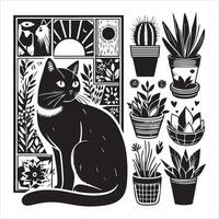A silhouette black cat in an illustration frame with a floral design on its back silhouette print design vector