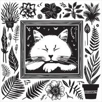 A silhouette black cat in an illustration frame with a floral design on its back silhouette print design vector