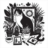 A silhouette black cat in an illustration frame with a floral design on its back silhouette print design vector