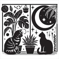A silhouette black cat in an illustration frame with a floral design on its back silhouette print design vector