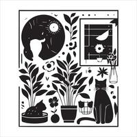 A silhouette black cat in an illustration frame with a floral design on its back silhouette print design vector