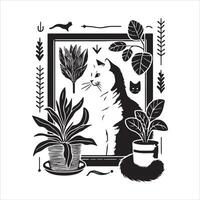 A silhouette black cat in an illustration frame with a floral design on its back silhouette print design vector