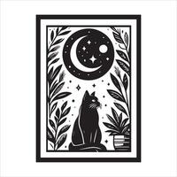 A silhouette black cat in an illustration frame with a floral design on its back silhouette print design vector