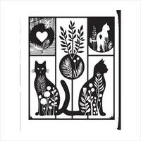 A silhouette black cat in an illustration frame with a floral design on its back silhouette print design vector