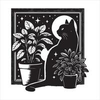 A silhouette black cat in an illustration frame with a floral design on its back silhouette print design vector