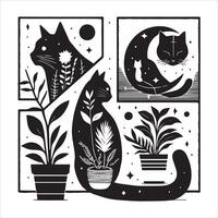 A silhouette black cat in an illustration frame with a floral design on its back silhouette print design vector
