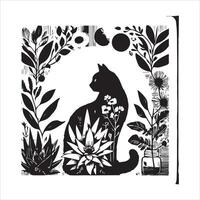 A silhouette black cat in an illustration frame with a floral design on its back silhouette print design vector