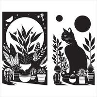 A silhouette black cat in an illustration frame with a floral design on its back silhouette print design vector