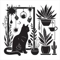 A silhouette black cat in an illustration frame with a floral design on its back silhouette print design vector
