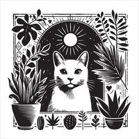 A silhouette black cat in an illustration frame with a floral design on its back silhouette print design vector