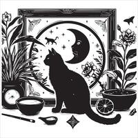 A silhouette black cat in an illustration frame with a floral design on its back silhouette print design vector