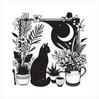 A silhouette black cat in an illustration frame with a floral design on its back silhouette print design vector