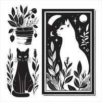 A silhouette black cat in an illustration frame with a floral design on its back silhouette print design vector