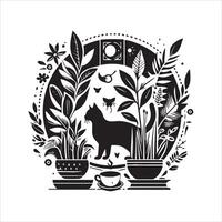 A silhouette black cat in an illustration frame with a floral design on its back silhouette print design vector