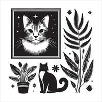 A silhouette black cat in an illustration frame with a floral design on its back silhouette print design vector