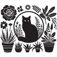 A silhouette black cat in an illustration frame with a floral design on its back silhouette print design vector
