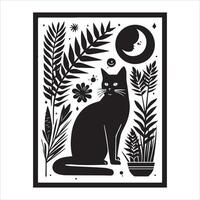 A silhouette black cat in an illustration frame with a floral design on its back silhouette print design vector