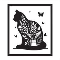 A silhouette black cat in an illustration frame with a floral design on its back silhouette print design vector