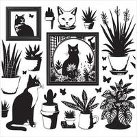A silhouette black cat in an illustration frame with a floral design on its back silhouette print design vector
