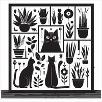 A silhouette black cat in an illustration frame with a floral design on its back silhouette print design vector