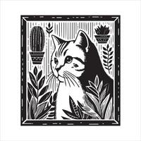 A silhouette black cat in an illustration frame with a floral design on its back silhouette print design vector