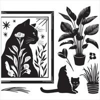 A silhouette black cat in an illustration frame with a floral design on its back silhouette print design vector