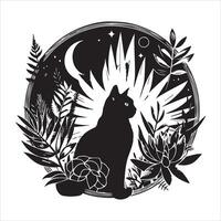A silhouette black cat in an illustration frame with a floral design on its back silhouette print design vector