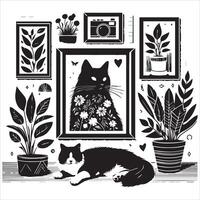 A silhouette black cat in an illustration frame with a floral design on its back silhouette print design vector