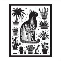 A silhouette black cat in an illustration frame with a floral design on its back silhouette print design vector