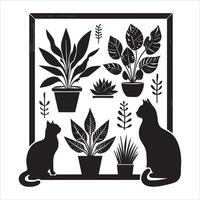 A silhouette black cat in an illustration frame with a floral design on its back silhouette print design vector
