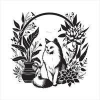 A silhouette black cat in an illustration frame with a floral design on its back silhouette print design vector